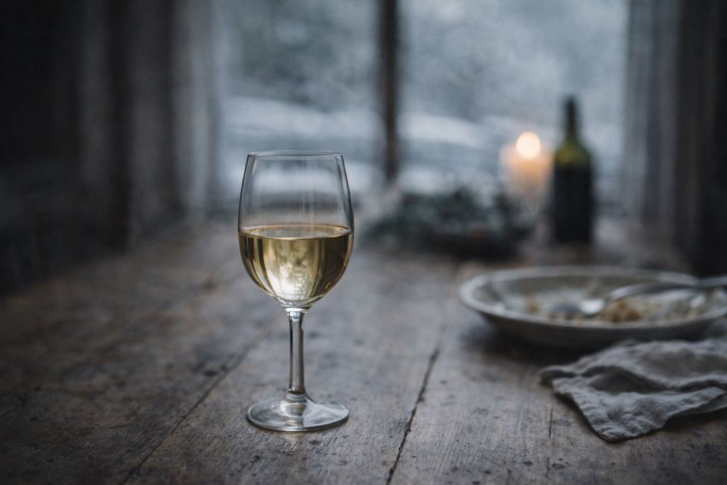 A glass of wine, fresh and precise in profile, on a simple winter table, evoking clarity, time and unhurried conversation.